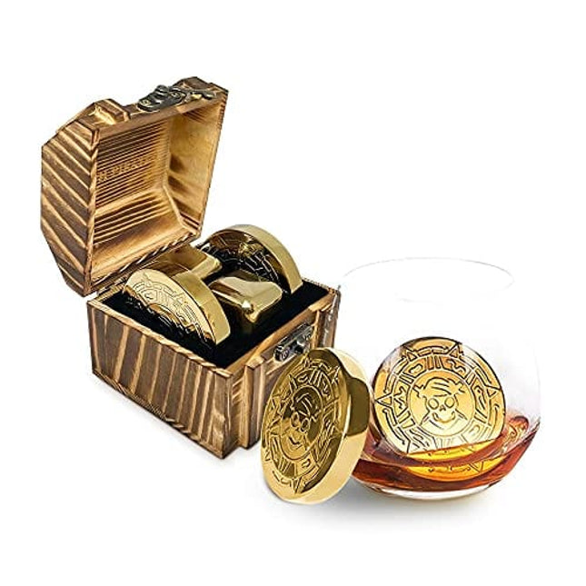 New Pirate Themed Gold Whiskey Coin and Cube Set, Stainless Steel Whiskey Chilling Stones | 4pc Set with Wooden Chest | Whiskey Gift for Men, Dad, Husband, Boyfriend