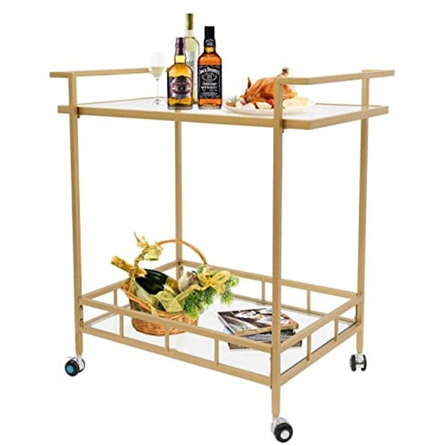 Gold Glass Rolling Bar Serving Cart Home on Lockable Wheels, Wine Drink Liquor Cart Stand for Home Kitchen Storage Club Party, Christmas, New Year