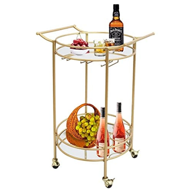 Round Gold Rolling Bar Cart with 2 Mirror Shelves, Wine Rack and Lockable Casters, Suitable for Home Kitchen, Club, Living Room, Thanksgiving, Christmas, New Year, 22"X18"X33"