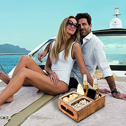 Wood Beer Box - Gift for Beer Lovers, Dad, Man, Him, Boyfriend- Drink Box Snacks Tray- Table Stand Caddy with slots for glasses, chips, nuts- Couch Organizer for Beverages, Remote Control, Phone stand