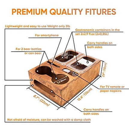 Wood Beer Box - Gift for Beer Lovers, Dad, Man, Him, Boyfriend- Drink Box Snacks Tray- Table Stand Caddy with slots for glasses, chips, nuts- Couch Organizer for Beverages, Remote Control, Phone stand