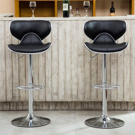 Roundhill Furniture Masaccio Cushioned Leatherette Upholstery Airlift Adjustable Swivel Barstool with Chrome Base, Set of 2, Black
