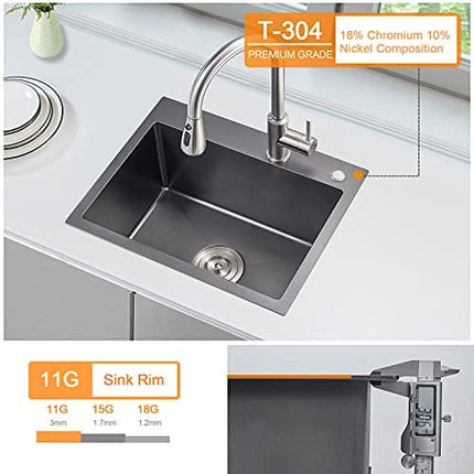 ROVATE 23 x 18 x 9 Inch Drop-in Topmount Kitchen Sink, Single Bowl Kitchen Sink Black, Durable Handmade 304 Stainless Steel Overmount Kitchen Sink with Strainer