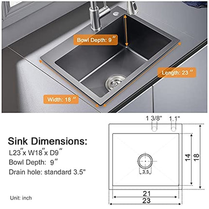 ROVATE 23 x 18 x 9 Inch Drop-in Topmount Kitchen Sink, Single Bowl Kitchen Sink Black, Durable Handmade 304 Stainless Steel Overmount Kitchen Sink with Strainer
