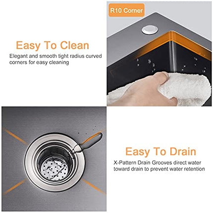 ROVATE 23 x 18 x 9 Inch Drop-in Topmount Kitchen Sink, Single Bowl Kitchen Sink Black, Durable Handmade 304 Stainless Steel Overmount Kitchen Sink with Strainer
