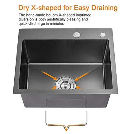 ROVATE 23 x 18 x 9 Inch Drop-in Topmount Kitchen Sink, Single Bowl Kitchen Sink Black, Durable Handmade 304 Stainless Steel Overmount Kitchen Sink with Strainer