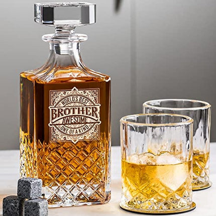 Gifts for Brother – Brother Gifts from Sister, Brothers - Unique Whiskey Decanter Set with 2 Glasses – Happy Birthday Gift Ideas for Brother – Best Brother Present