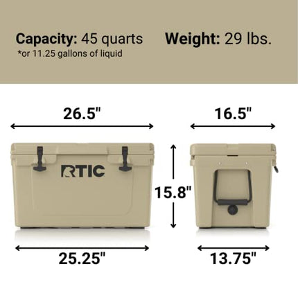 RTIC Hard Cooler, 45 qt, Tan, Ice Chest with Heavy Duty Rubber Latches, 3 Inch Insulated Walls