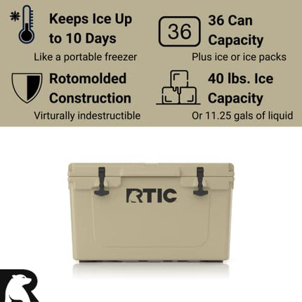 RTIC Hard Cooler, 45 qt, Tan, Ice Chest with Heavy Duty Rubber Latches, 3 Inch Insulated Walls