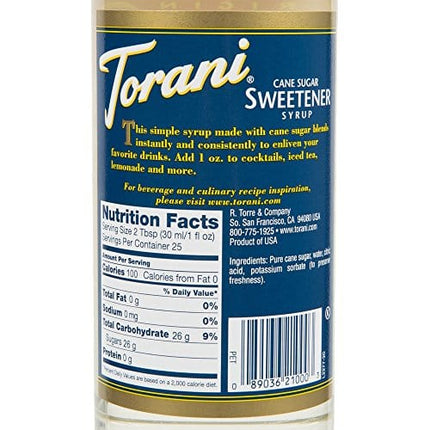 Torani Cane Sugar Sweetener Syrup, 25.4 oz Plus One Syrup Pump