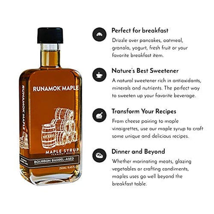 Runamok Maple Bourbon Barrel Aged Maple Syrup - Authentic & Real Vermont Maple Syrup | Natural Sweetener | Great for Cocktails, Cheese Pairing & Pancakes Maple Syrup | 8.45 Fl Oz (250mL)