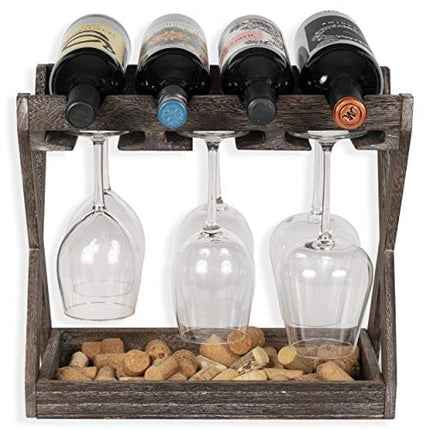 Rustic State Cava Countertop Solid Wood Wine Rack for 4 Bottles and 6 Stemware Glass Holder Cork Storage Tabletop Tray Freestanding Organizer - Home, Kitchen, Dining Room Bar Décor - Walnut