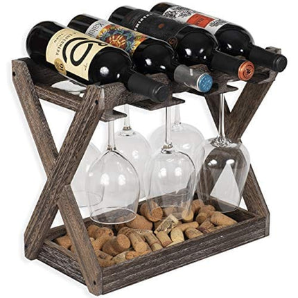 Rustic State Cava Countertop Solid Wood Wine Rack for 4 Bottles and 6 Stemware Glass Holder Cork Storage Tabletop Tray Freestanding Organizer - Home, Kitchen, Dining Room Bar Décor - Walnut
