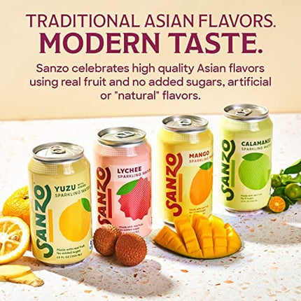 Sanzo Flavored Sparkling Water - Yuzu (Lemon) 12-Pack - Carbonated Drink Made with Real Fruit & Sugar-Free - Non-GMO, Gluten-Free & Vegan - 12 Fl Oz Cans - Pair With Ginger For Balanced Punch
