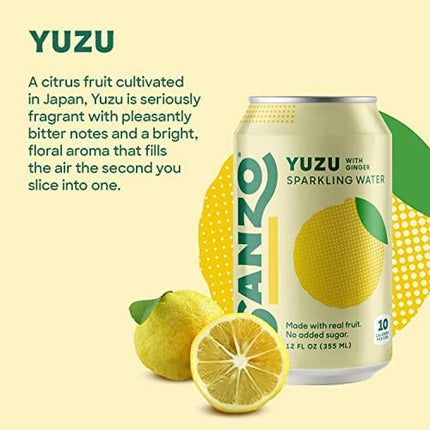 Sanzo Flavored Sparkling Water - Yuzu (Lemon) 12-Pack - Carbonated Drink Made with Real Fruit & Sugar-Free - Non-GMO, Gluten-Free & Vegan - 12 Fl Oz Cans - Pair With Ginger For Balanced Punch