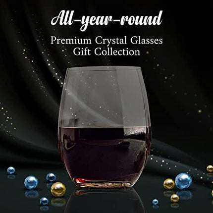 Season STORY Crystal Stemless Wine Glasses Set of 4-15 oz, Red Wine Glasses, Copas De Vino De Cristal Elegantes, Chardonnay Wine Glasses, pinot noir wine glass set, gift set for wedding, birthday