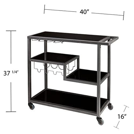 SEI Furniture Zephs Metal and Tempered Glass Locking Castor Wheels Bar Cart, Gunmetal, Black