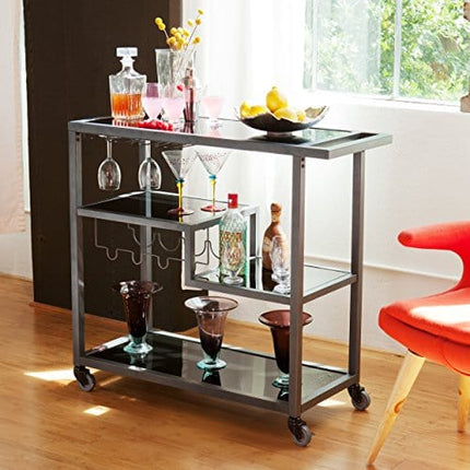 SEI Furniture Zephs Metal and Tempered Glass Locking Castor Wheels Bar Cart, Gunmetal, Black