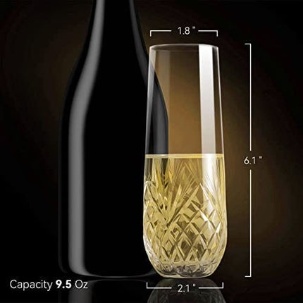 SHOSHIN Stemless Champagne Flutes, Hand Made, Set of 4, Toasting champagne glasses, Wedding Party Cocktail Cups, Wine Flute, Mimosa Glasses Set, Water Glasses, Highball Glass, 9.5oz