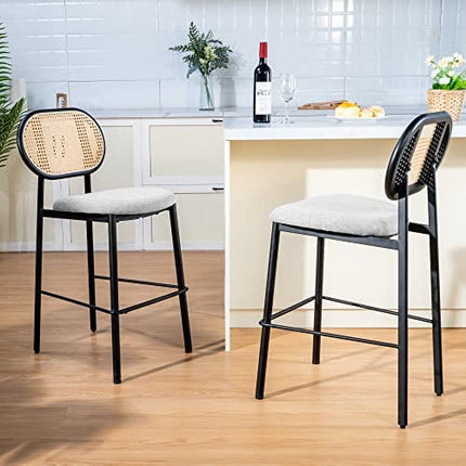 SIMTONAL 25'' Counter Height Bar Stools Set of 2 with Rattan Backrest for Kitchen Island, Grey