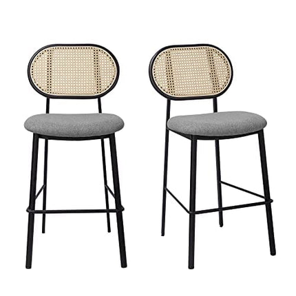 SIMTONAL 25'' Counter Height Bar Stools Set of 2 with Rattan Backrest for Kitchen Island, Grey