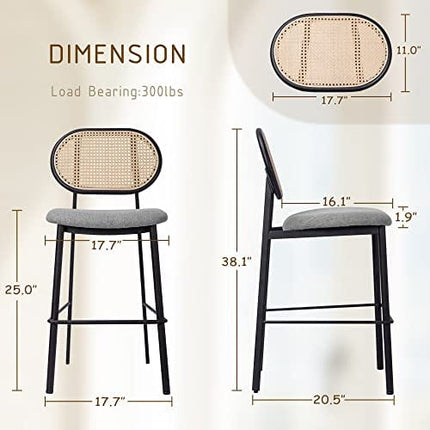 SIMTONAL 25'' Counter Height Bar Stools Set of 2 with Rattan Backrest for Kitchen Island, Grey