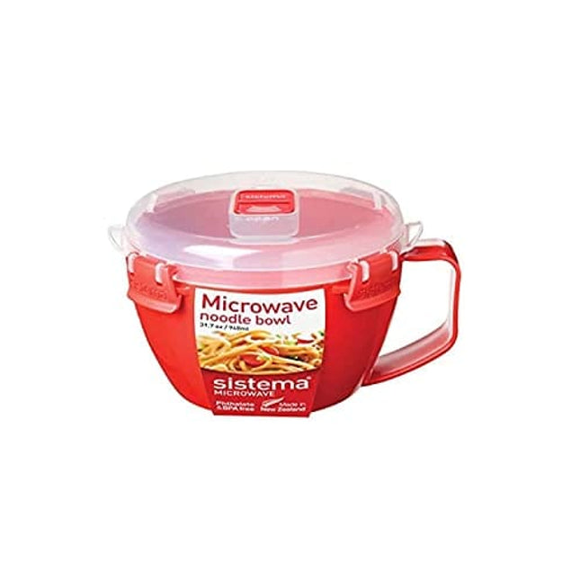 Sistema Microwave Bowl for Noddles, Pasta, and Soup with Lid and Handle, Dishwasher Safe, 31.7-Ounce, Red