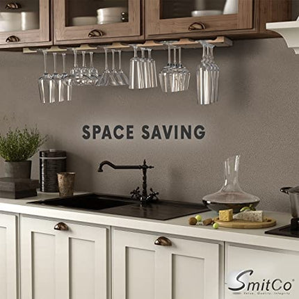 Wooden Wine Glass Holder for Under Cabinet | Under Shelf Kitchen Stemware Rack | Wood Holding Rack for Wine Glasses and Stemware | Stemware and Glassware Hanger and Organizer - Stores Up to 6 Glasses