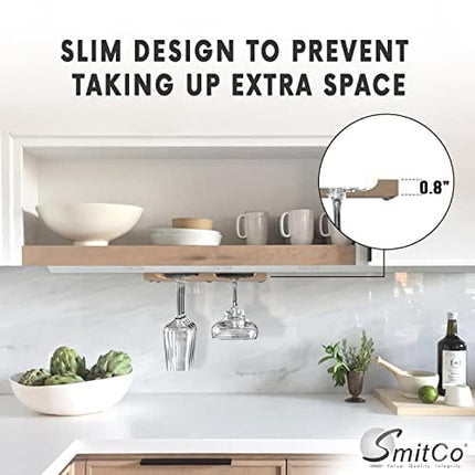 Wooden Wine Glass Holder for Under Cabinet | Under Shelf Kitchen Stemware Rack | Wood Holding Rack for Wine Glasses and Stemware | Stemware and Glassware Hanger and Organizer - Stores Up to 6 Glasses