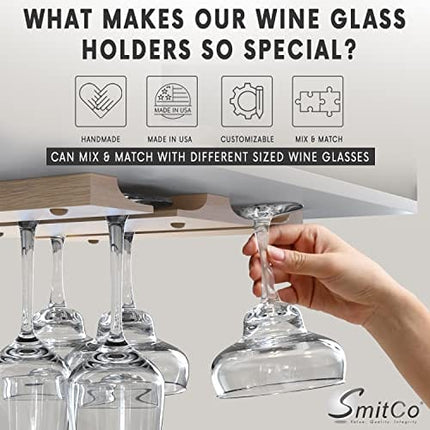 Wooden Wine Glass Holder for Under Cabinet | Under Shelf Kitchen Stemware Rack | Wood Holding Rack for Wine Glasses and Stemware | Stemware and Glassware Hanger and Organizer - Stores Up to 6 Glasses