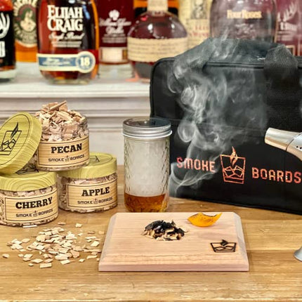 Smoke Board’s Old Fashioned Cocktail Smoker Kit With Torch - Whiskey/Bourbon Drink Infuser With Three Wood Chips, Smoker Kit Includes, Mixing Glass, Smoke Board, And Torch Lighter, USA Based Company