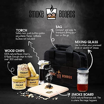 Smoke Board’s Old Fashioned Cocktail Smoker Kit With Torch - Whiskey/Bourbon Drink Infuser With Three Wood Chips, Smoker Kit Includes, Mixing Glass, Smoke Board, And Torch Lighter, USA Based Company