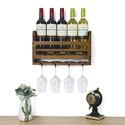 SODUKU Wall Mounted Wooden Wine Rack 5 Wine Bottles and 4 Stem Glasses Holder Wine Cork Storage Rack Walnut Brown