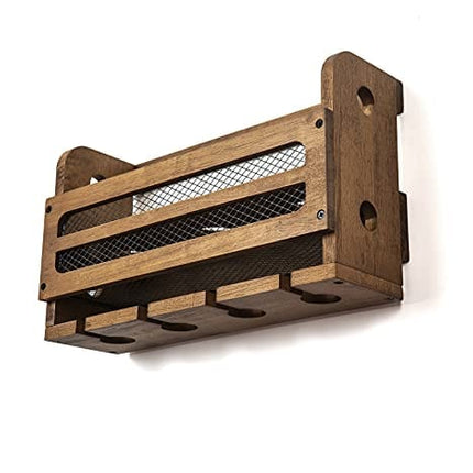 SODUKU Wall Mounted Wooden Wine Rack 5 Wine Bottles and 4 Stem Glasses Holder Wine Cork Storage Rack Walnut Brown