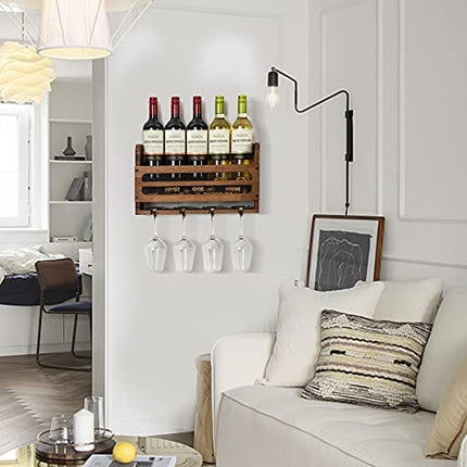 SODUKU Wall Mounted Wooden Wine Rack 5 Wine Bottles and 4 Stem Glasses Holder Wine Cork Storage Rack Walnut Brown