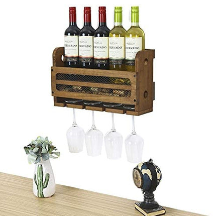 SODUKU Wall Mounted Wooden Wine Rack 5 Wine Bottles and 4 Stem Glasses Holder Wine Cork Storage Rack Walnut Brown