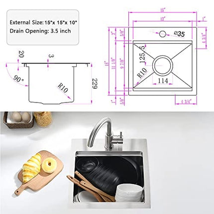 15 Inch Drop In Bar Sink Stainless Steel-SOMRXO 15×15 Drop in Ba Sink Workstation Sink 16 Gauge Stainless Steel Bar Sink 10 Inch Deep Single Bowl Small Kitchen Sink Bar/Prep Sink With Accessories