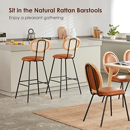 Bar Stools High Chair Bar Stools Set of 2, Modern Industrial Faux Leather Dining Chairs Barstools Tall Mid Century Bar Stools with Back Barstools Rattan Counter Stool Boho Chairs Whiskey Brown,30"