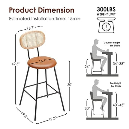 Bar Stools High Chair Bar Stools Set of 2, Modern Industrial Faux Leather Dining Chairs Barstools Tall Mid Century Bar Stools with Back Barstools Rattan Counter Stool Boho Chairs Whiskey Brown,30"