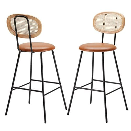 Bar Stools High Chair Bar Stools Set of 2, Modern Industrial Faux Leather Dining Chairs Barstools Tall Mid Century Bar Stools with Back Barstools Rattan Counter Stool Boho Chairs Whiskey Brown,30"