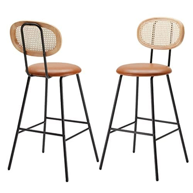 Bar Stools High Chair Bar Stools Set of 2, Modern Industrial Faux Leather Dining Chairs Barstools Tall Mid Century Bar Stools with Back Barstools Rattan Counter Stool Boho Chairs Whiskey Brown,30"