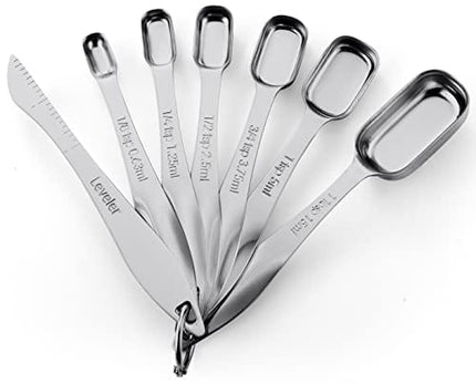 Spring Chef Heavy Duty Stainless Steel Metal Measuring Spoons for Dry or Liquid, Fits in Spice Jar, Set of 7 Including Leveler