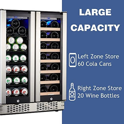 STAIGIS Wine Fridge, 24 inch Wine and Beverage Refrigerator Under Counter, Dual Zone w/ 60 Cans and 20 Bottles Capacity, Digital Touch Control