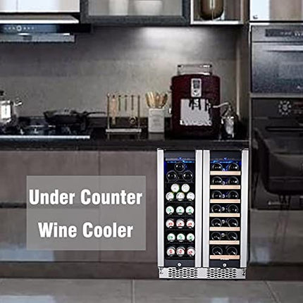 STAIGIS Wine Fridge, 24 inch Wine and Beverage Refrigerator Under Counter, Dual Zone w/ 60 Cans and 20 Bottles Capacity, Digital Touch Control
