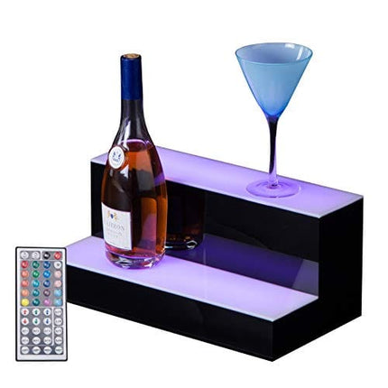 SUNCOO LED Lighted Liquor Bottle Display 16 Inch 2 Step Illuminated Bar Bottle Shelf 2 Tier Cimmercial Home Bar Bottle Display Drinks Lighting Shelves Home Bar Lighting with Remote Control