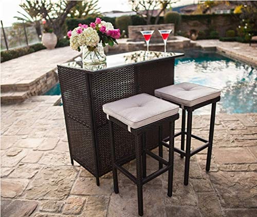 SUNCROWN Outdoor Bar Set 3-Piece Brown Wicker Patio Furniture - Glass Bar and Two Stools with Cushions for Patios, Backyards, Porches, Gardens or Poolside