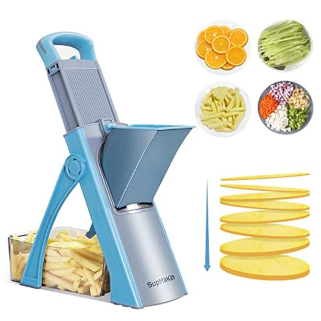 Upgrade Safe Mandoline Slicer, Bigger Entrance SupMaKin Vegetable Potato Slicer Chopper, Adjustable Thickness Multi Mandolin, Julienne + Dicer Kitchen Must Haves (Blue)