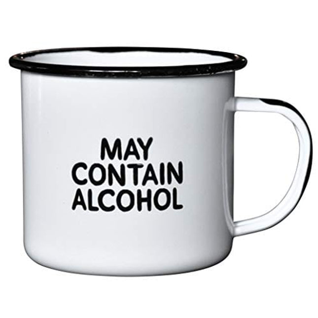MAY CONTAIN ALCOHOL | Enamel"Coffee" Mug | Sarcastic Gift for Vodka, Gin, Bourbon, Wine and Beer Lovers | Great Office or Camping Cup for Dads, Moms, Campers, Tailgaters, Drinkers, and Travelers