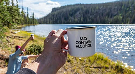 MAY CONTAIN ALCOHOL | Enamel"Coffee" Mug | Sarcastic Gift for Vodka, Gin, Bourbon, Wine and Beer Lovers | Great Office or Camping Cup for Dads, Moms, Campers, Tailgaters, Drinkers, and Travelers