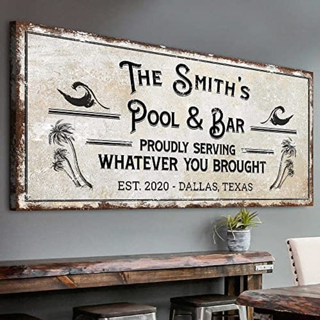 TAILORED CANVASES Bar Sign Custom Decor - Pool and Bar Proudly Serving Whatever You Brought - Canvas Wall Art Printable Personalized for Man Cave, Kitchen, Pub & Diner - Rustic Dirty White, 48x16in